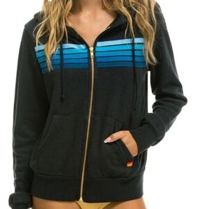 Aviator Nation 5 Stripe Hoodie. Charcoal Blue Unisex size XS